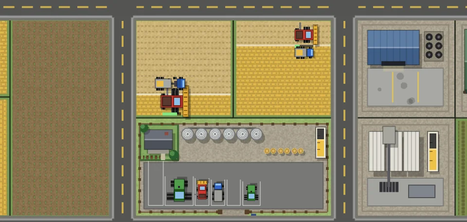 Acreage gameplay: a farmyard with grain bins, harvesters working fields and farm buildings
